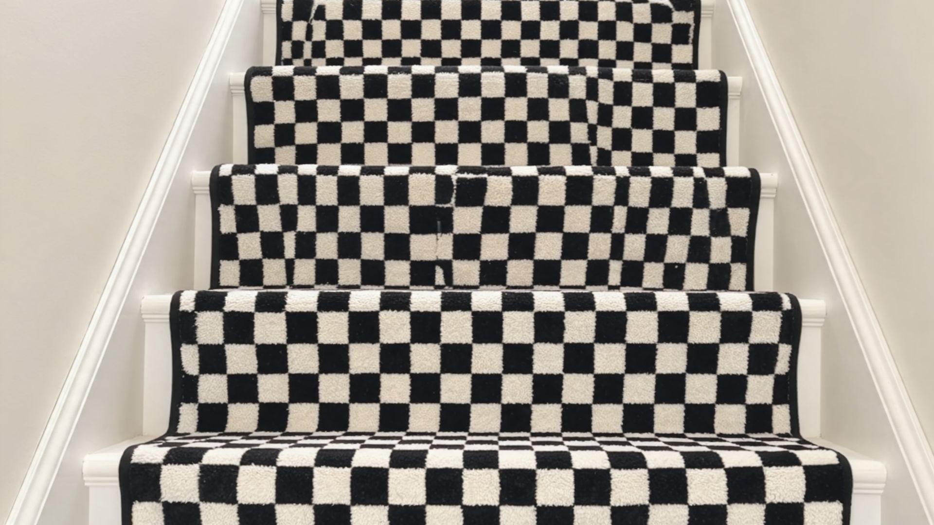 Black-and-white checkerboard runner covering the center of a staircase