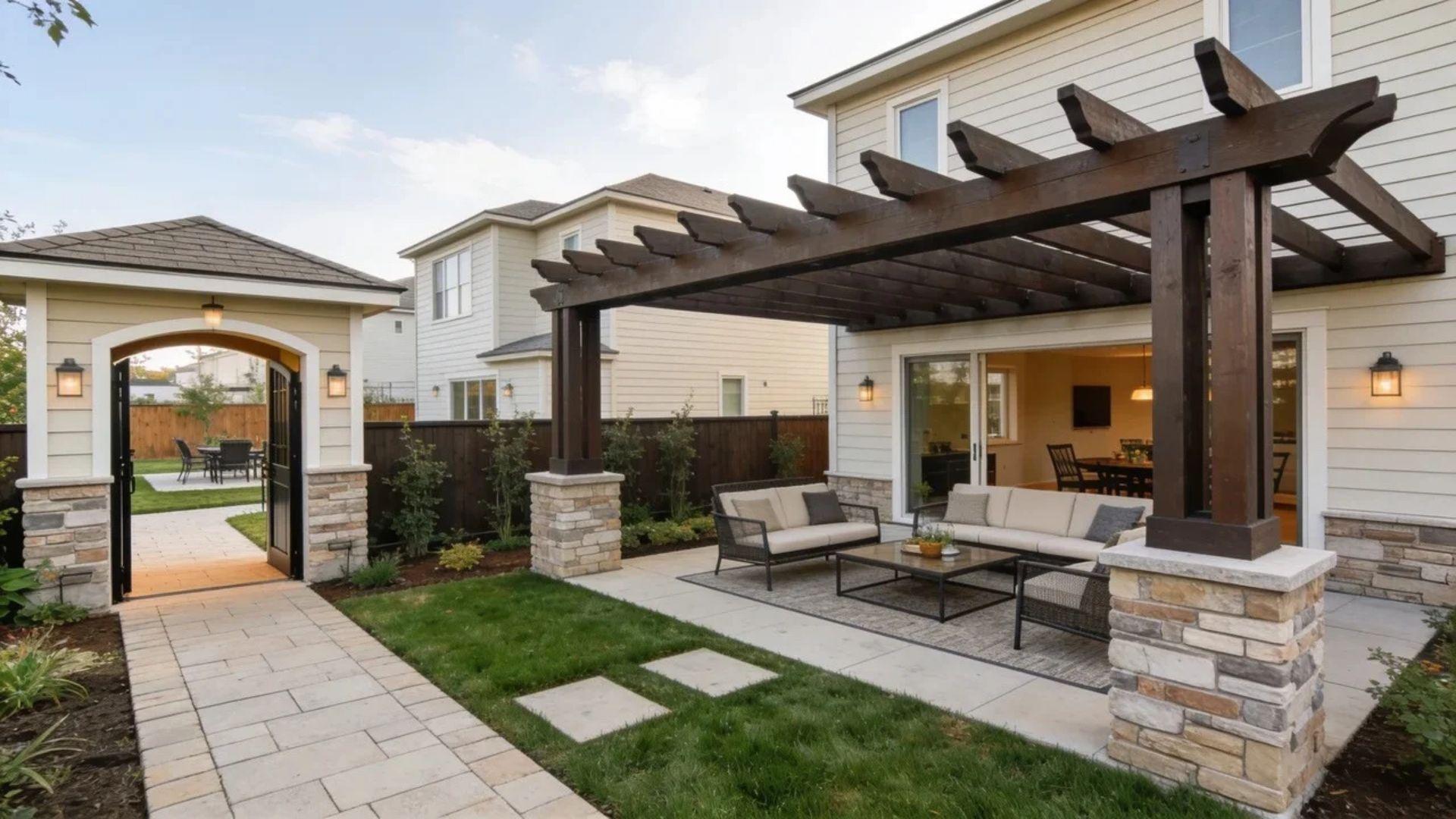 Pergola covering a backyard patio and arbor framing the entrance to a garden path.