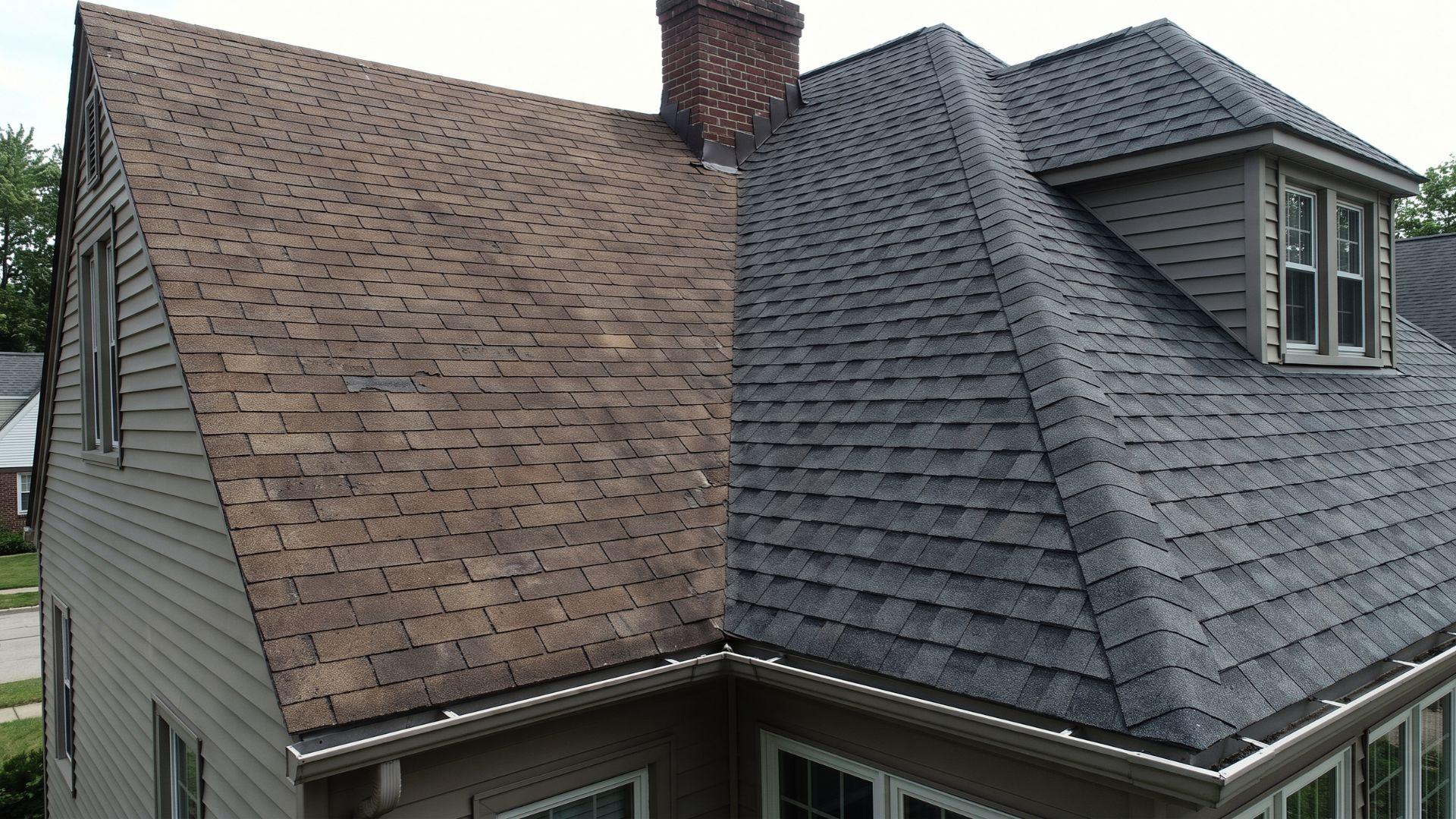 Residential roof showing flat 3-tab shingles beside dimensional architectural shingles.