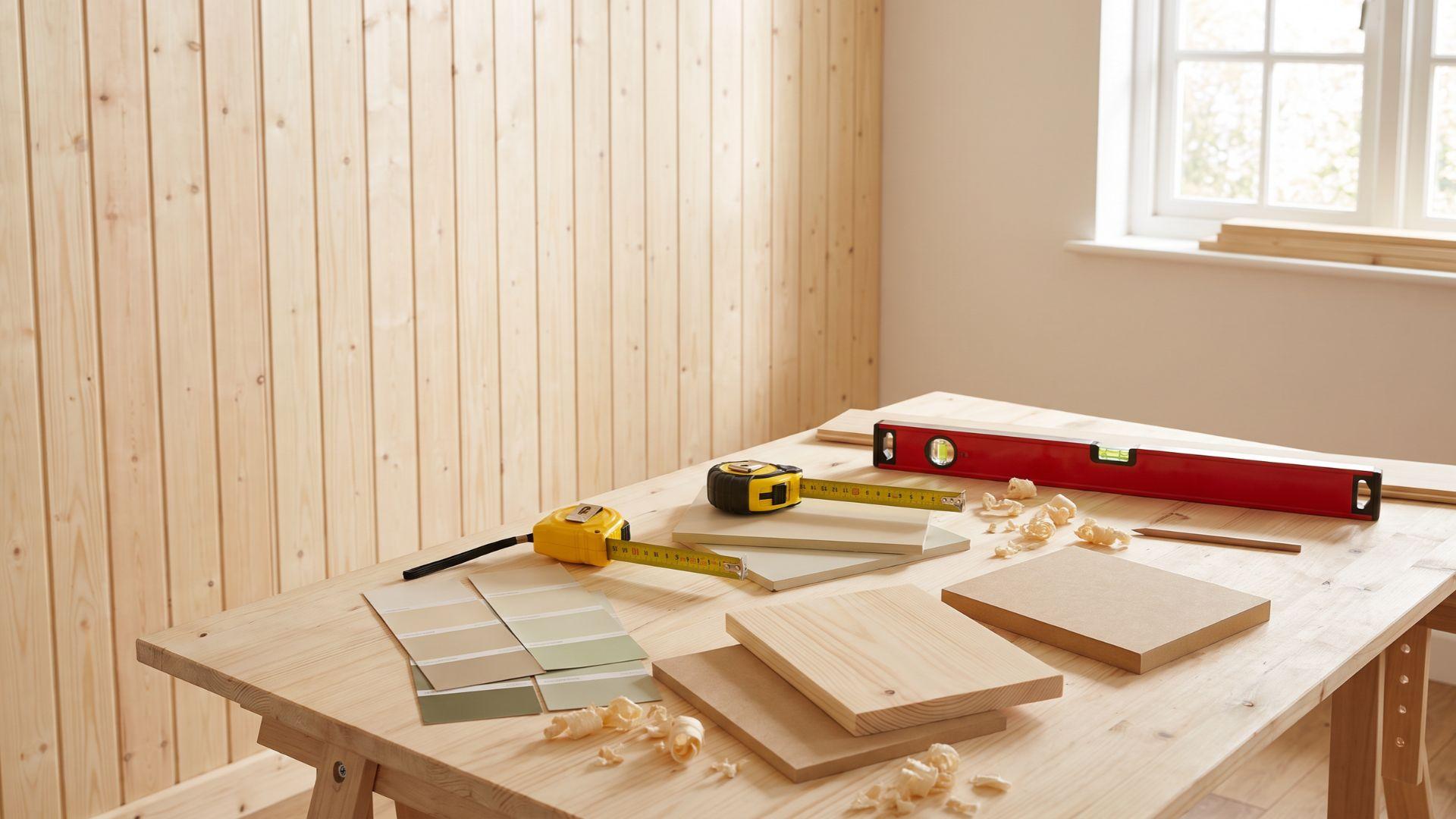 Wall panel samples, measuring tape, level, and paint samples arranged for a home renovation project.