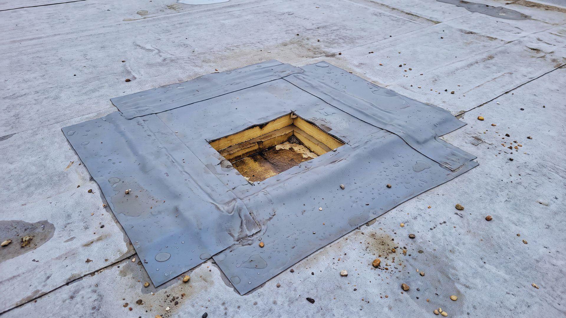 Commercial roof inspection area with membrane seams and an opening exposing the insulation layer.