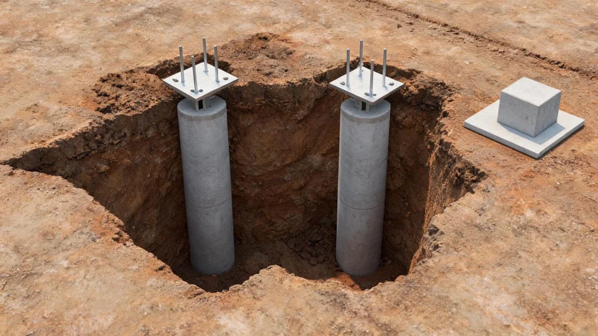 Concrete piers extend below ground with metal post bases, beside a separate precast pier block.