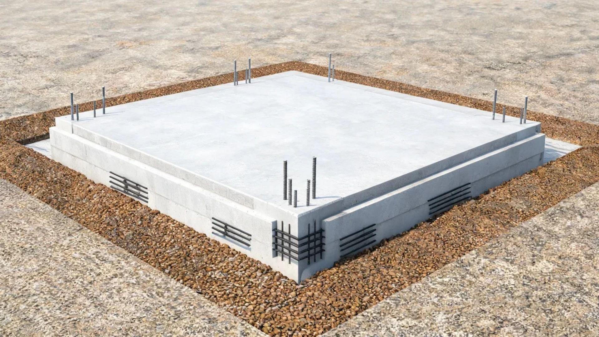 Concrete carport slab with a thickened reinforced edge and anchor bolts projecting from the perimeter.