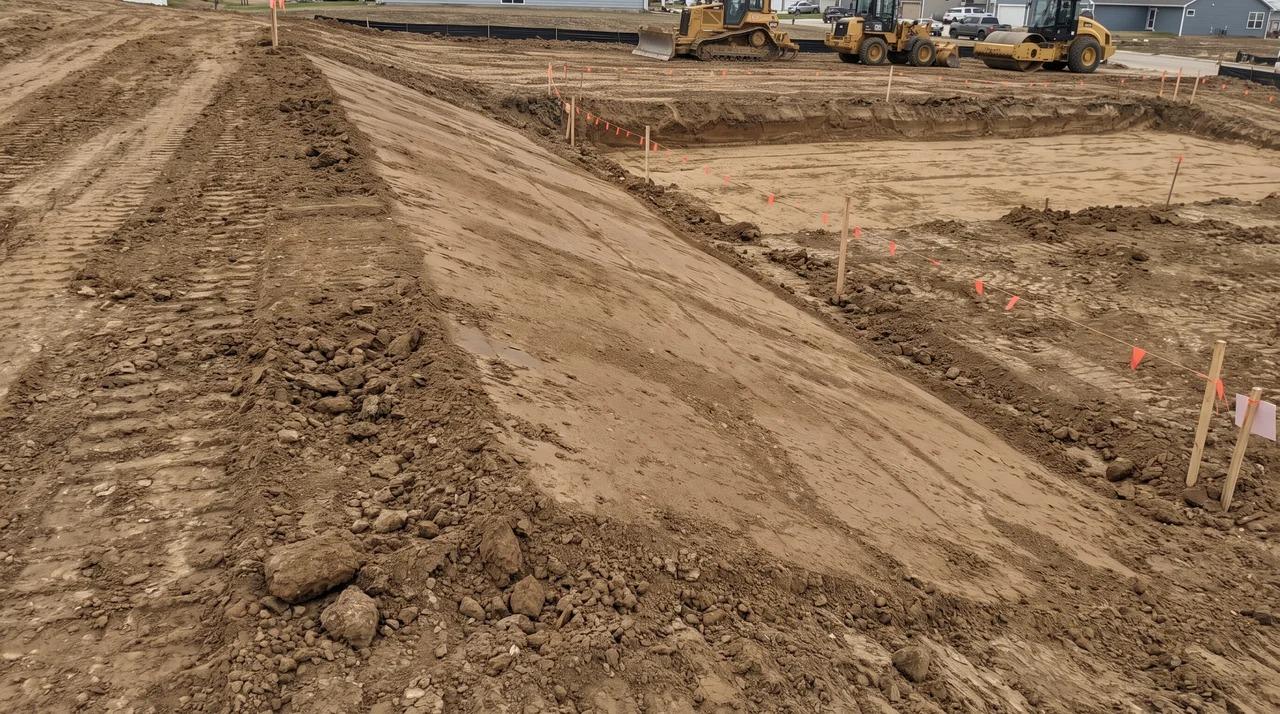 Graded construction site with compacted soil sloping away from the foundation area.