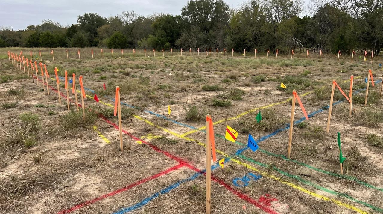 Construction site with boundary stakes and marked underground utility locations.