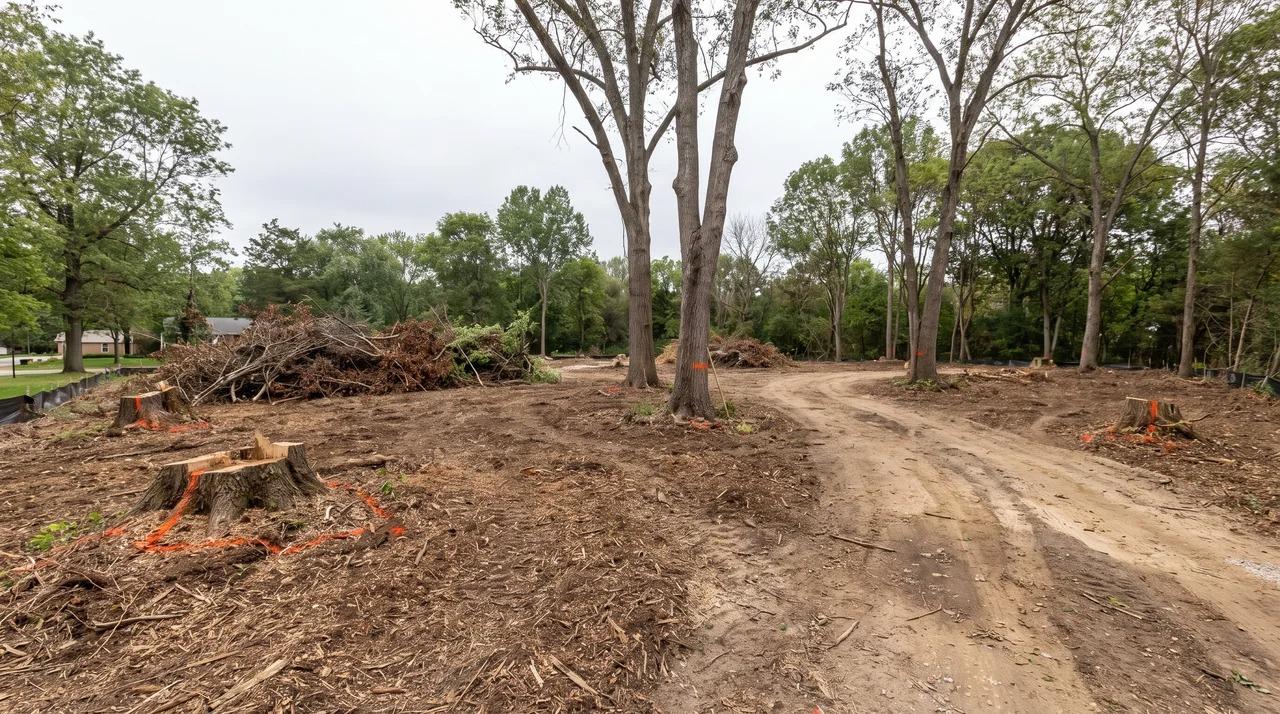 Construction site with cleared underbrush, standing trees, and exposed ground.