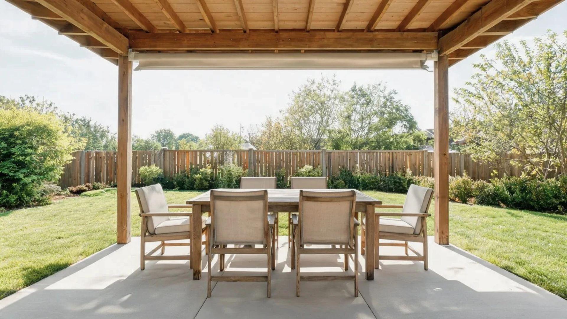 Outdoor dining table and chairs beneath a covered patio roof.