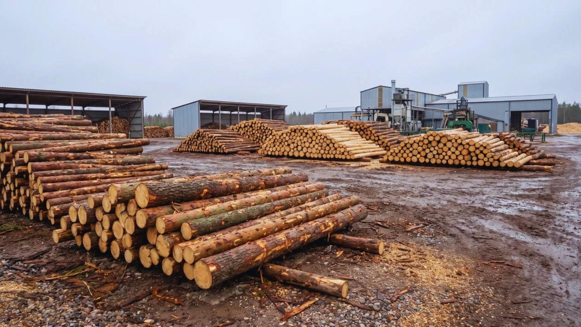 Debarked softwood logs sorted by size in a sawmill storage yard.