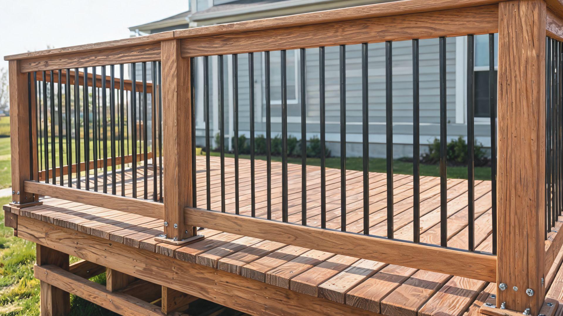 Wooden deck railing with evenly spaced black balusters, sturdy posts, bottom rail, and structural connections