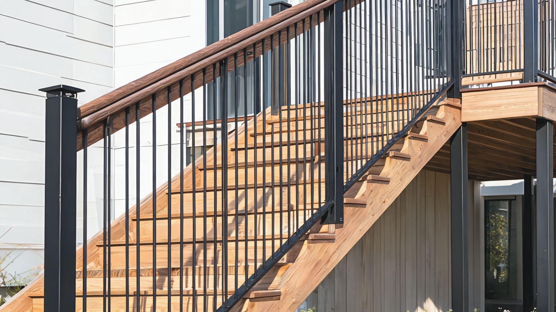 Outdoor deck staircase showing a protective guardrail and a graspable handrail along the steps
