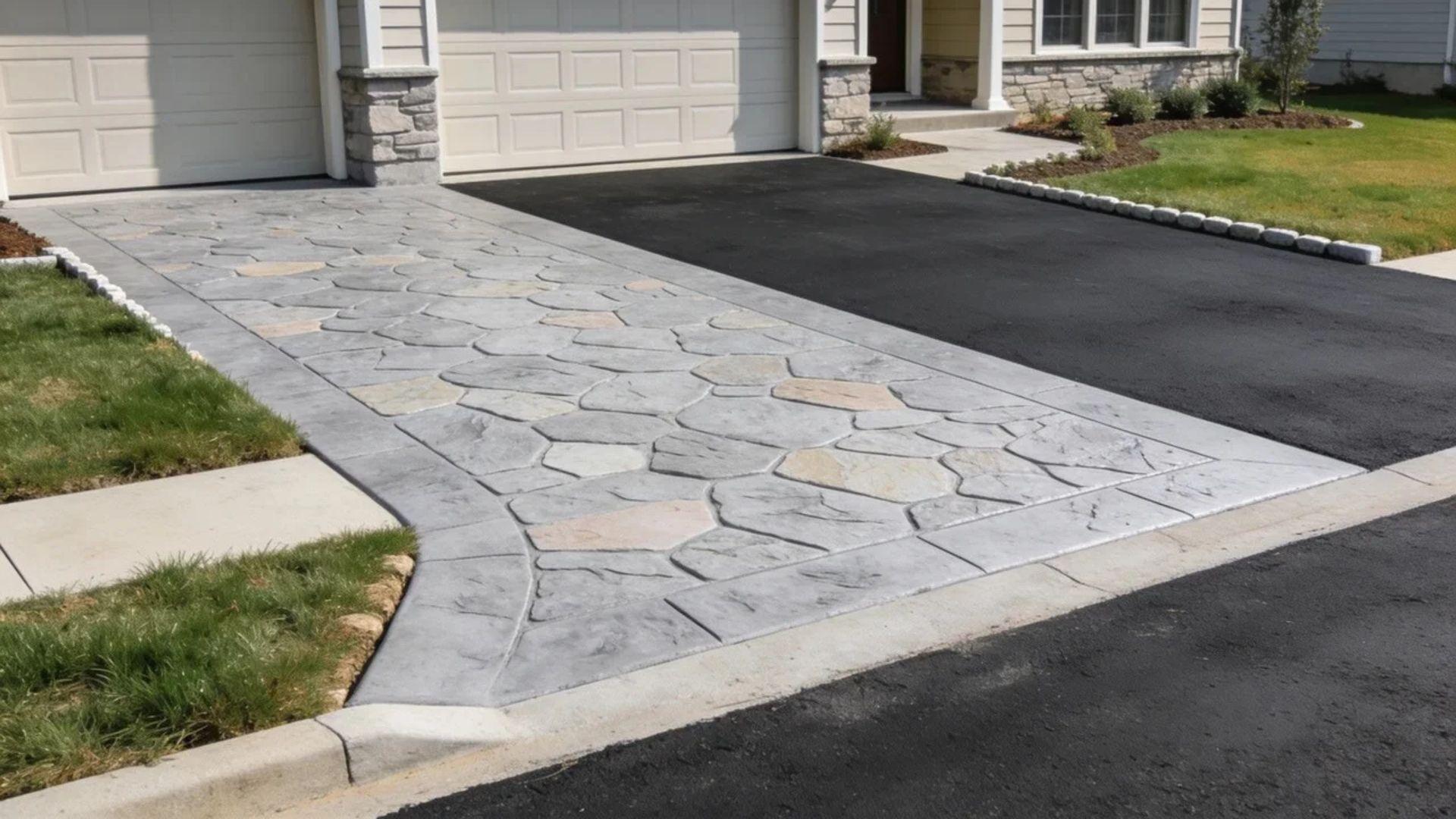 Stamped concrete driveway with a stone pattern beside a plain dark asphalt driveway.