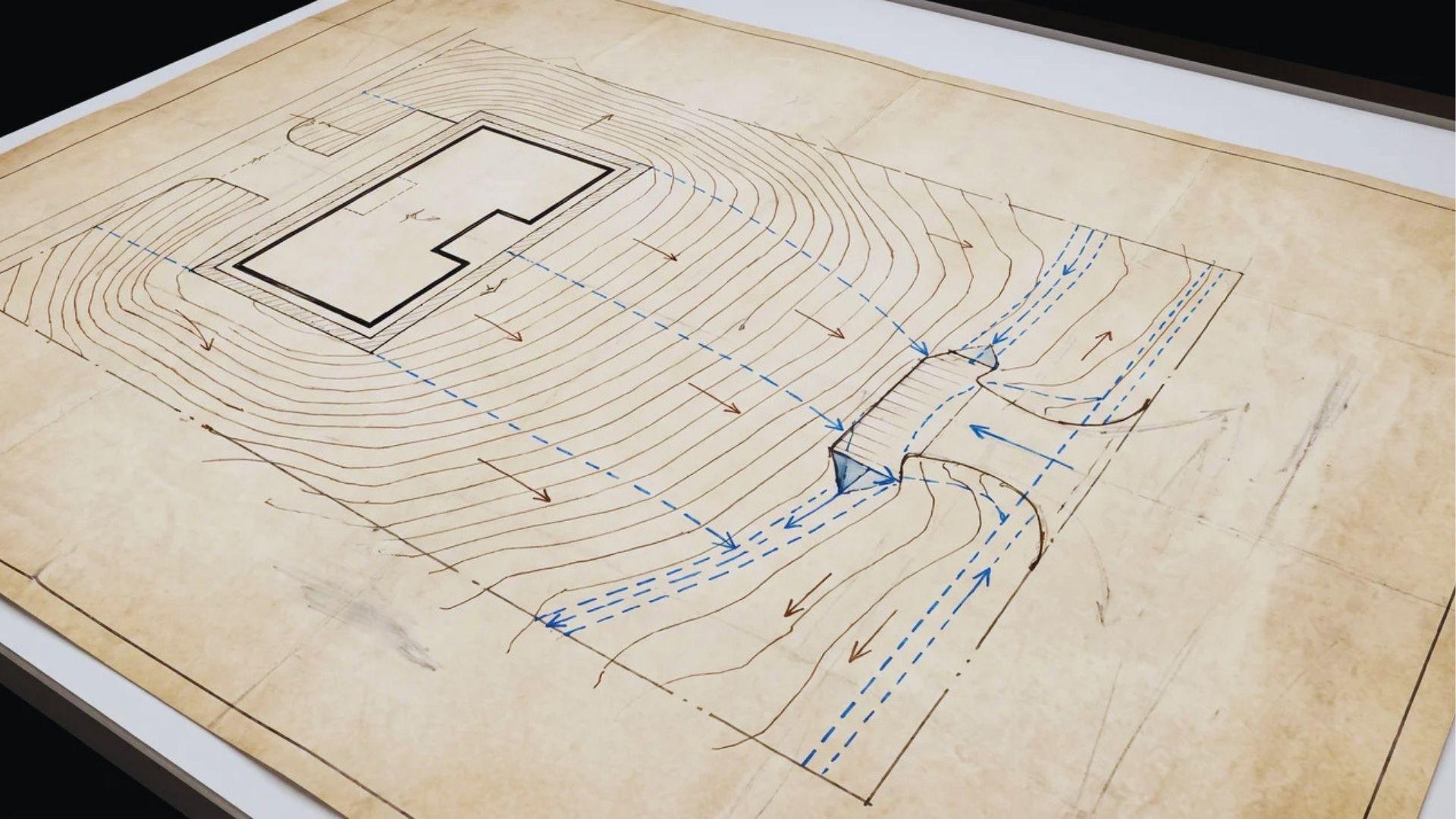 Grading plan showing contour lines, drainage routes, sloped ground, and a proposed building foundation.File name-grading-drainage-stormwater-plan