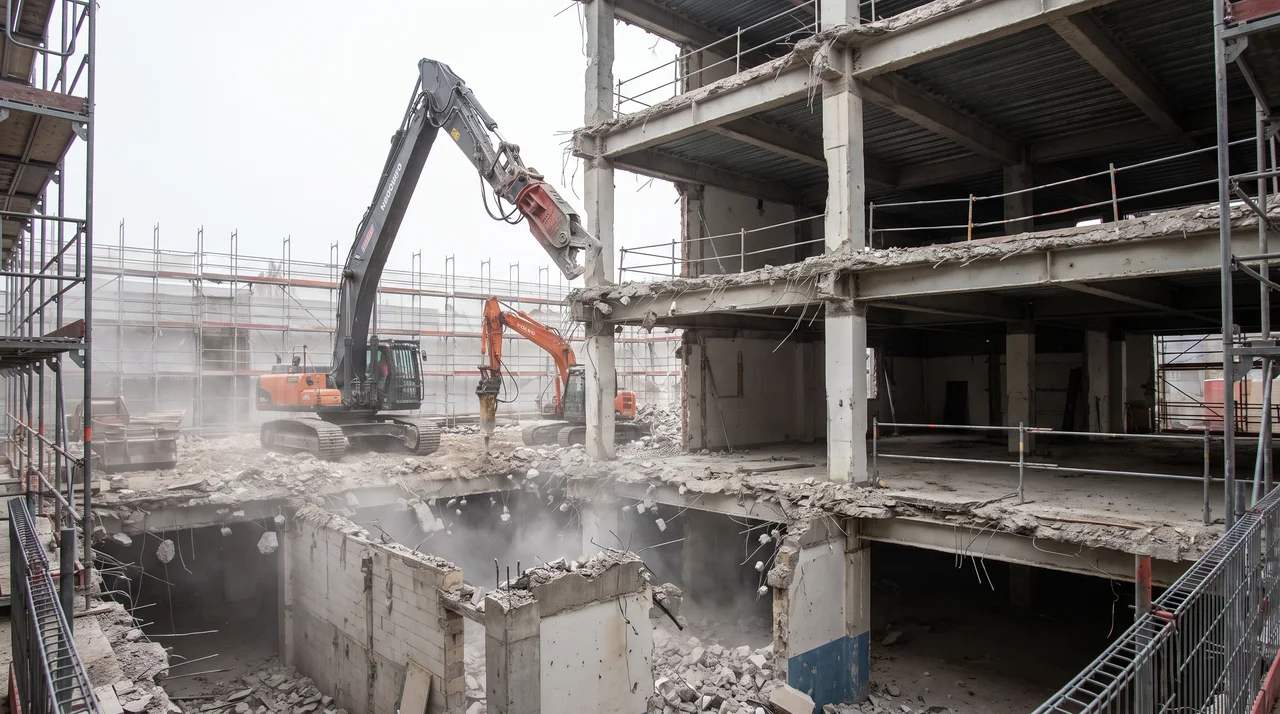 Structural walls, beams, and columns removed during building demolition.File name-structural-demolition-process