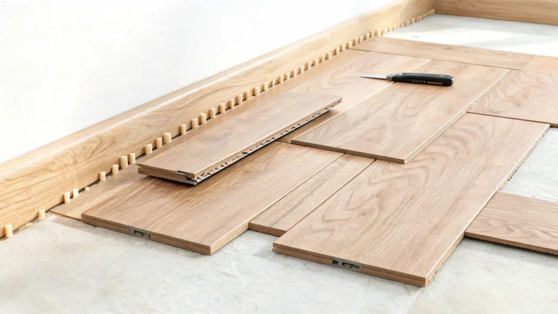 Click-lock vinyl planks arranged in staggered rows during floor installation. File name: locking-staggering-vinyl-planks