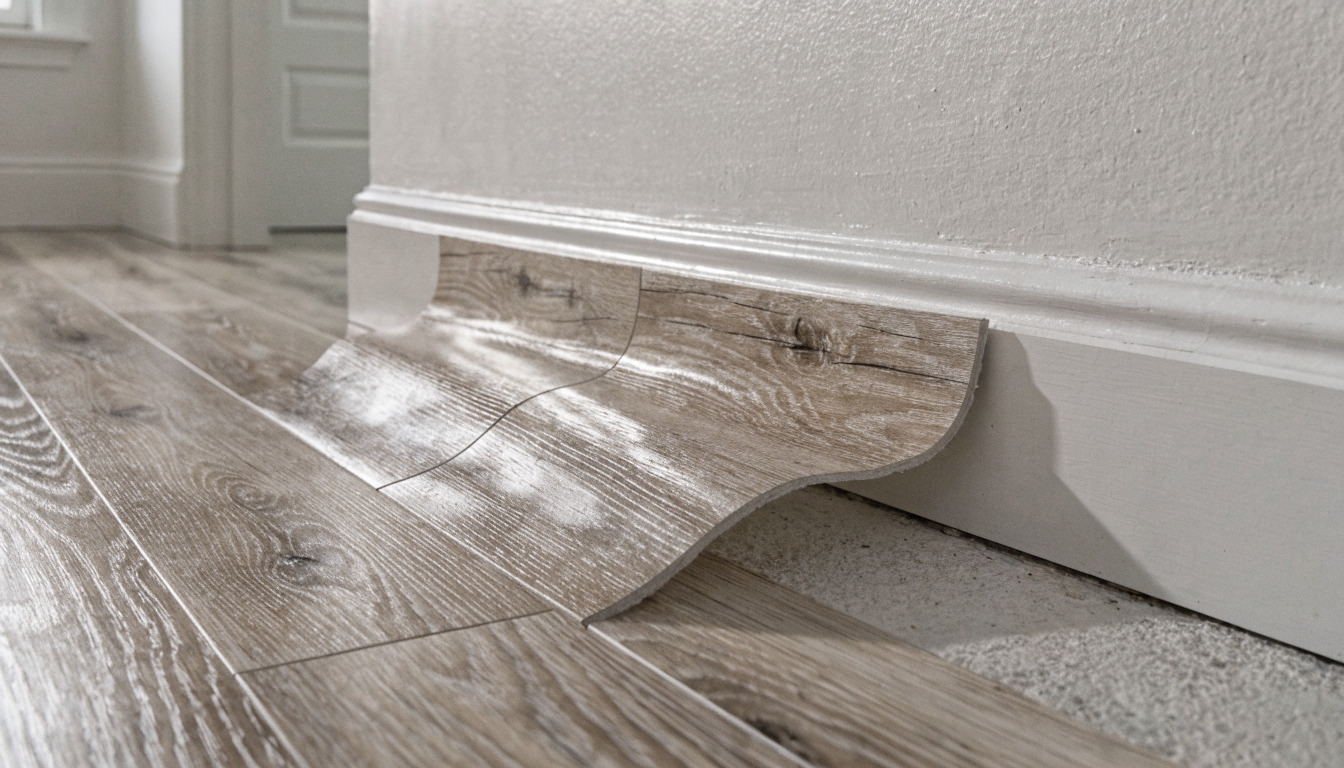 Buckled vinyl plank flooring lifting near a wall where the expansion gap was closed by tight baseboard trimFile Name: buckled-vinyl-plank-flooring