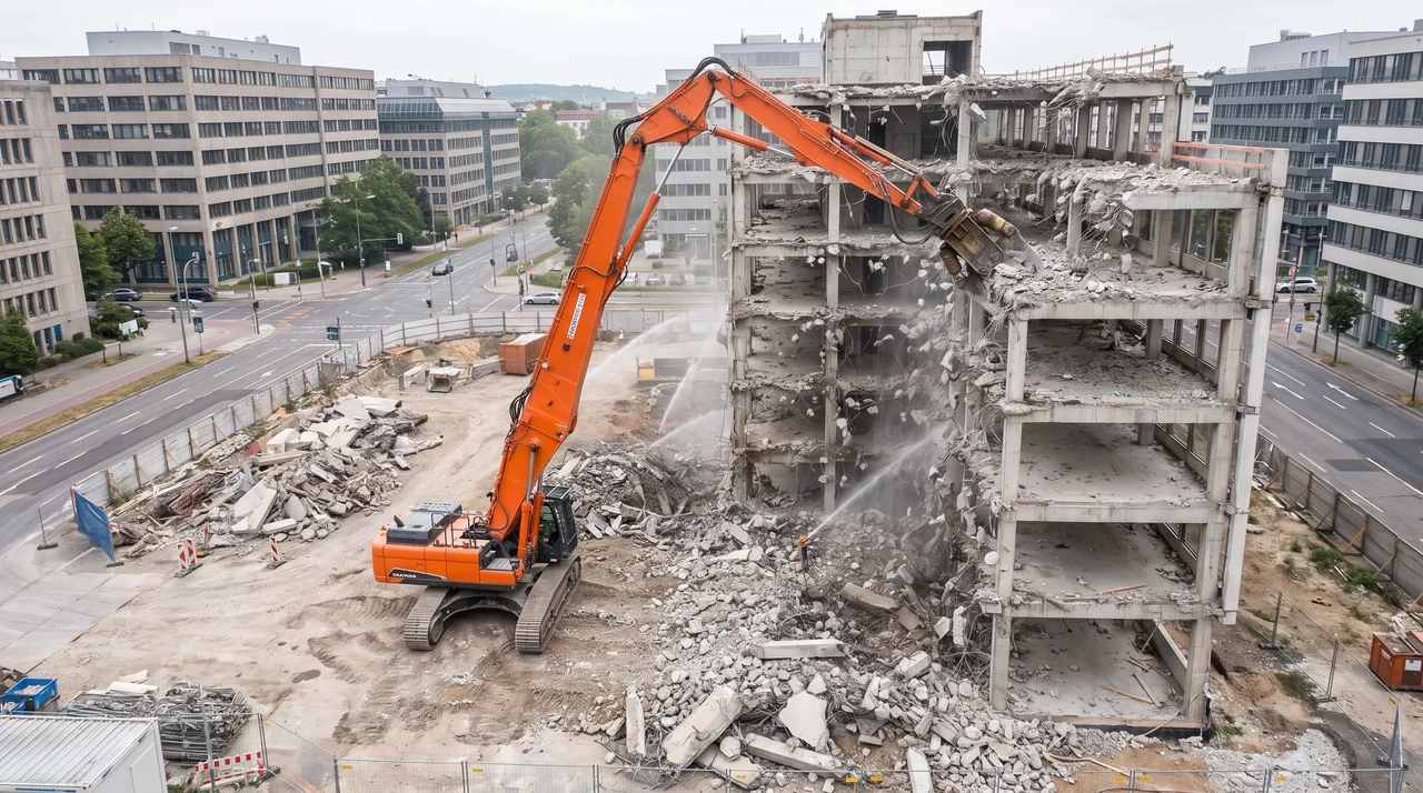 High-reach excavator demolishing a reinforced concrete building structure.File name-structure-demolition-methods
