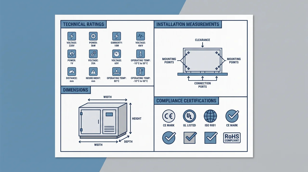 Equipment cut sheet sections showing ratings, dimensions, and certifications.File name-equipment-cut-sheet-components