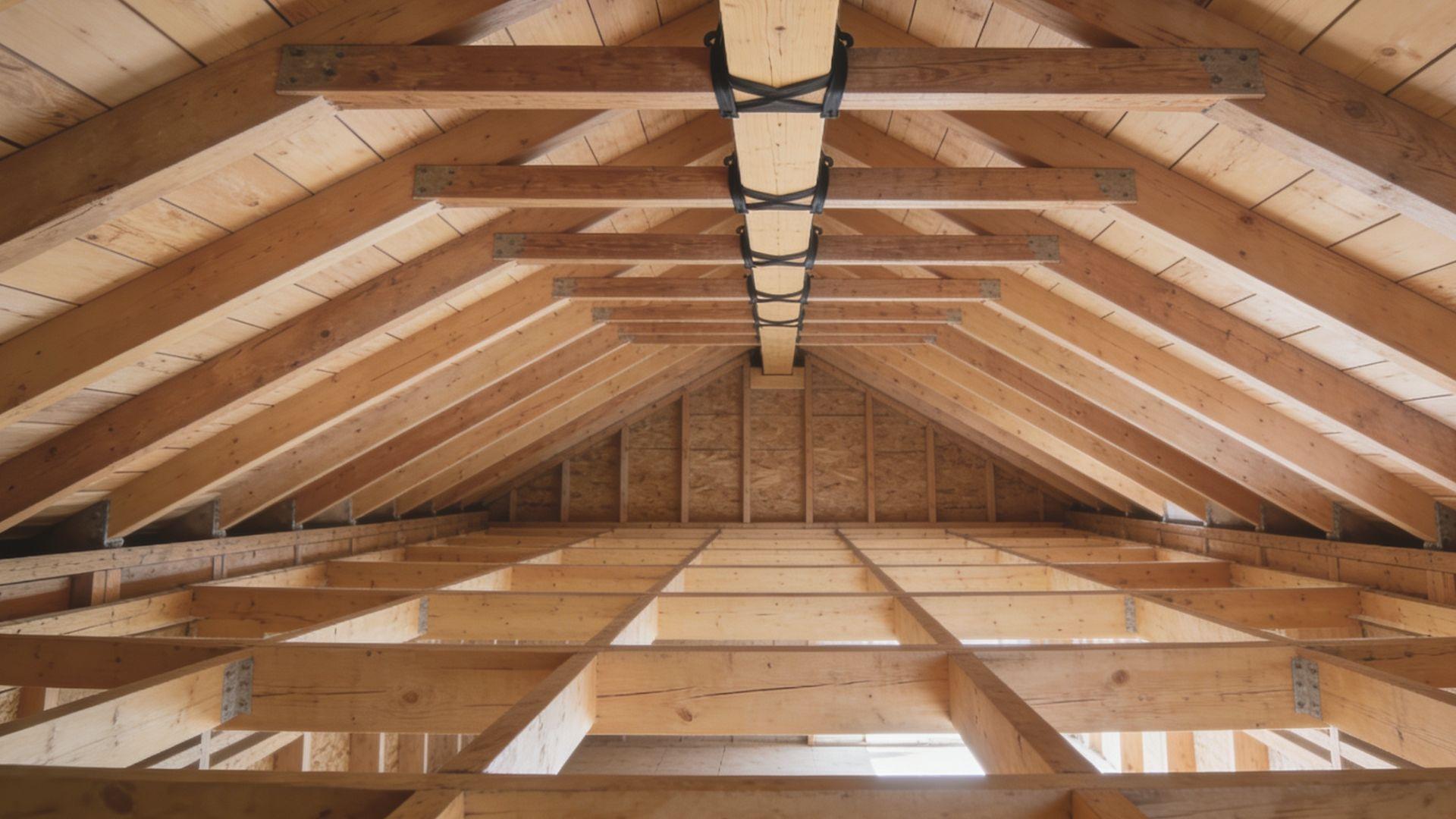 Exposed attic framing with collar ties, ceiling joists, rafters, and a central ridge boardFileName-collar-beams-and-roof-framing-supports