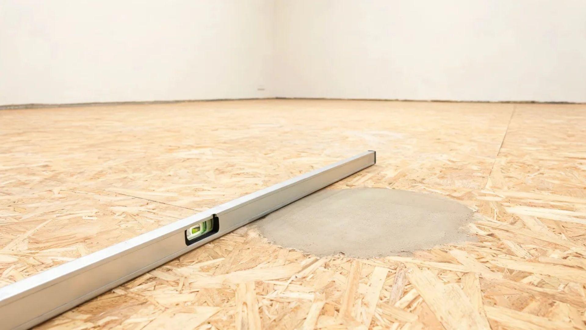 Long level checking the flatness of an exposed subfloor before vinyl flooring installation.File name: vinyl-plank-subfloor-flatness