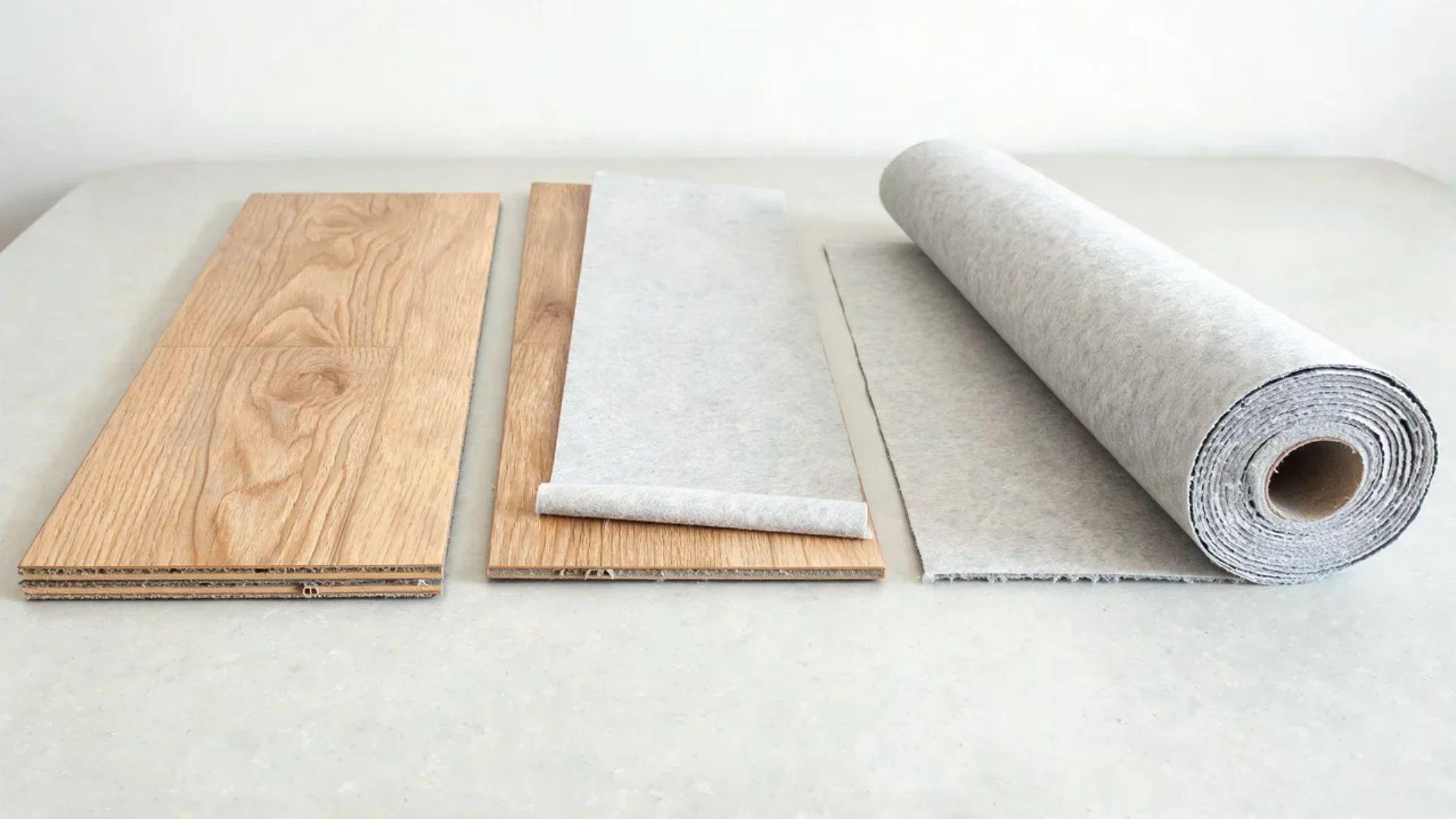 Vinyl plank samples showing wood-look surfaces, protective layers, an attached foam pad, and separate underlayment.File name: vinyl-plank-underlayment-cost