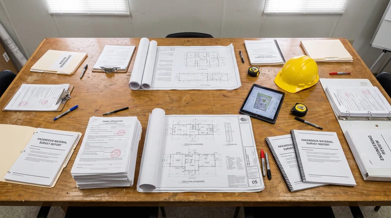 Structural survey, permits, and demolition planning documents.File name-pre-demolition-planning