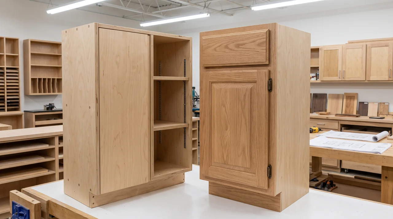 Frameless casework cabinet beside a face-frame cabinetry unit.File name-casework-and-cabinetry-construction