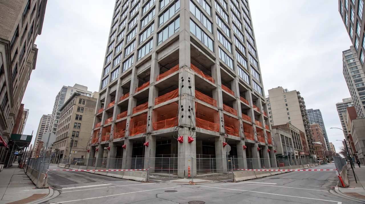 Tall building prepared for controlled implosion demolition in an urban area.File name-controlled-implosion-building