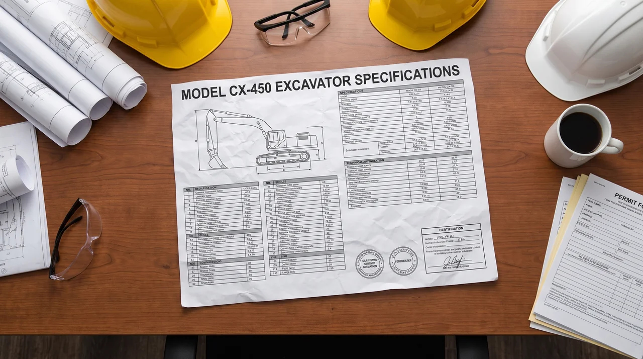 Equipment cut sheet with specifications, dimensions, and certification data on a project desk.File name-equipment-cut-sheet-document