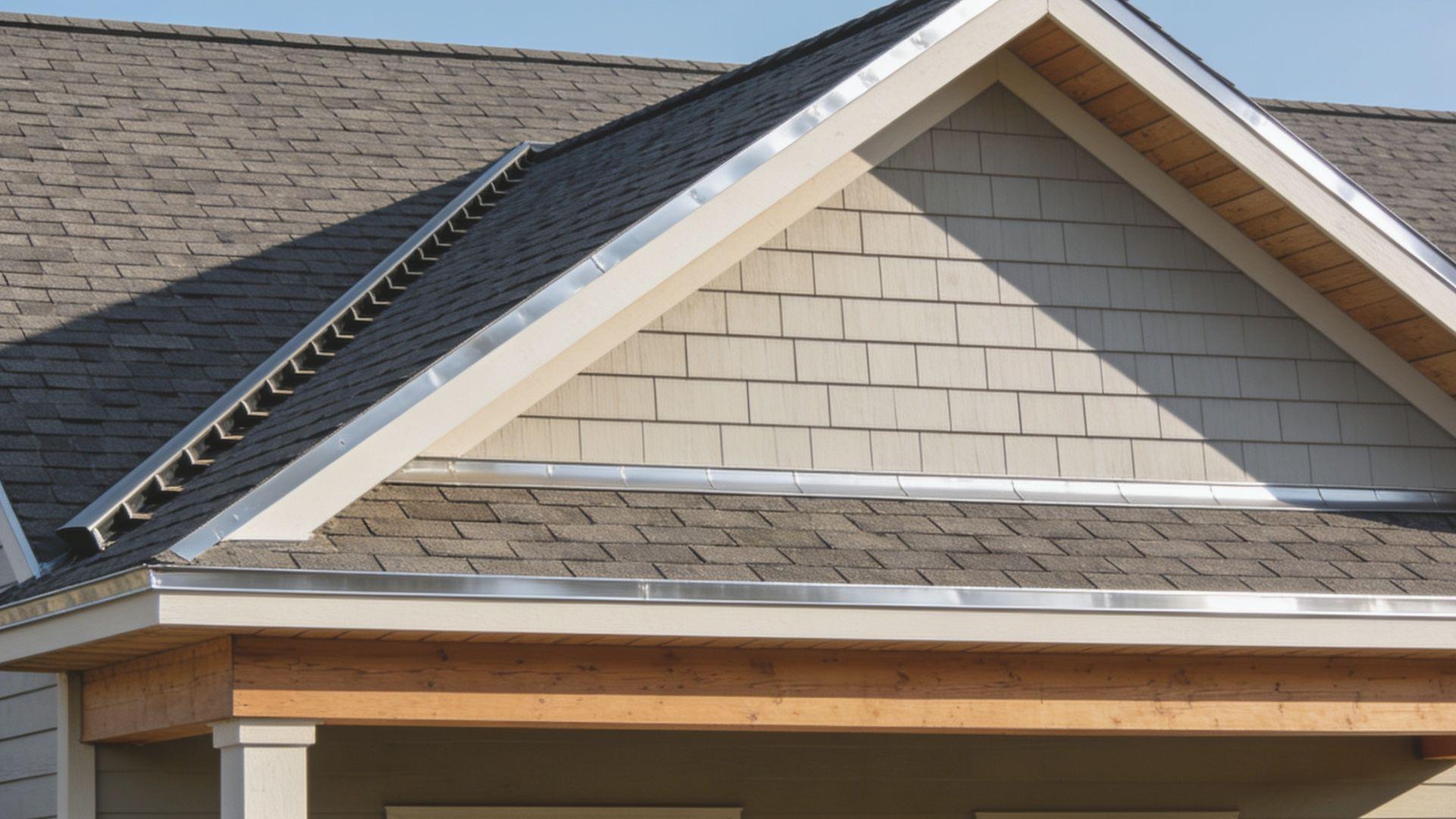 Residential gable roof displaying the horizontal eave and sloped rake with finished metal edge trim FileName-roof-eaves-and-rakes