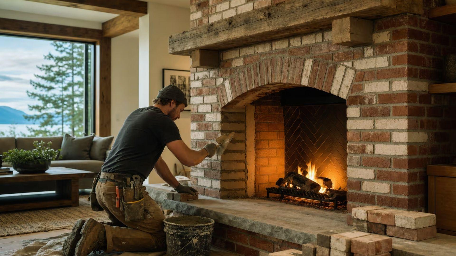 Mason building red brick fireplace with wooden mantel and roaring fire in modern rustic living room