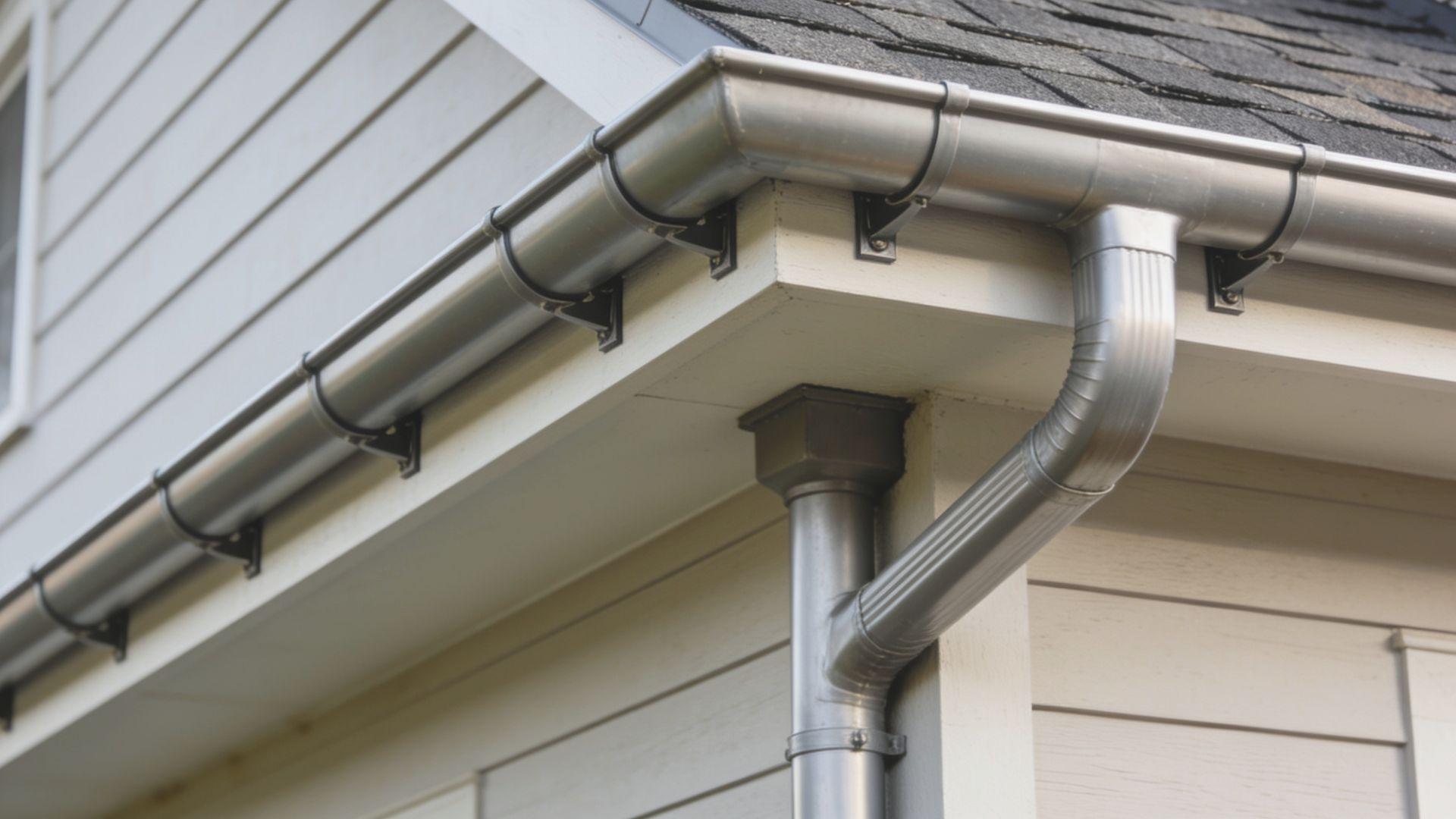 Metal roof gutter and connected downspout channel rainwater away from a residential home's foundation FileName-roof-gutters-and-downspouts