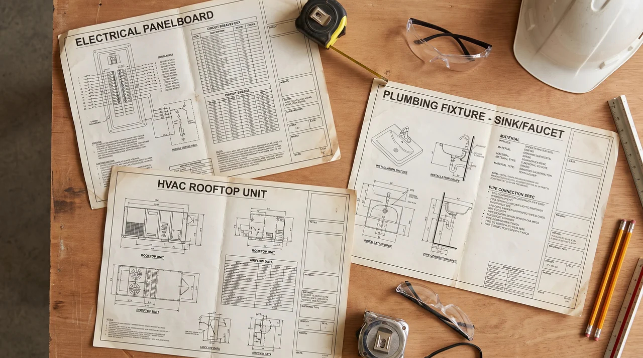 Electrical, HVAC, and plumbing equipment cut sheets displayed together.File name-trade-equipment-cut-sheets