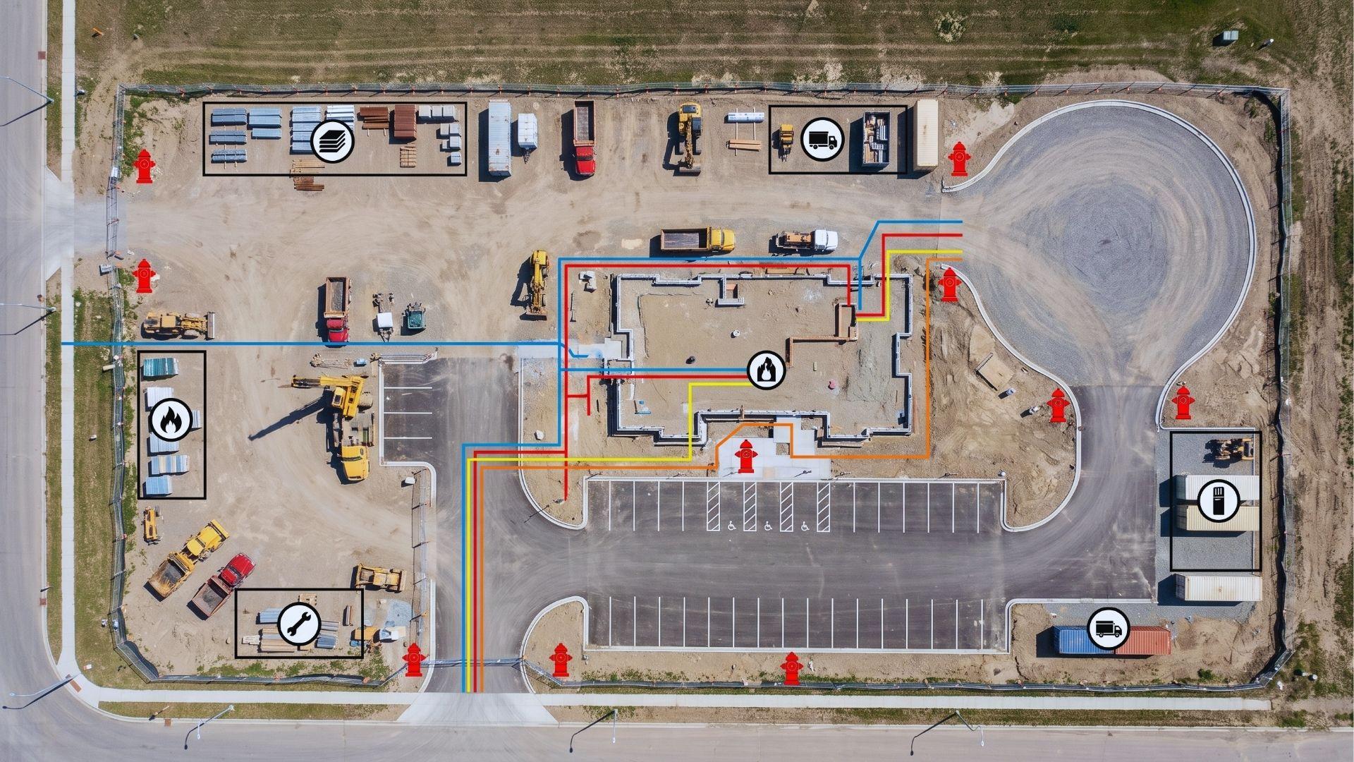 Construction site plan showing utility routes, parking, fire hydrants, emergency access, and material staging areas.File name-construction-site-utility-layout