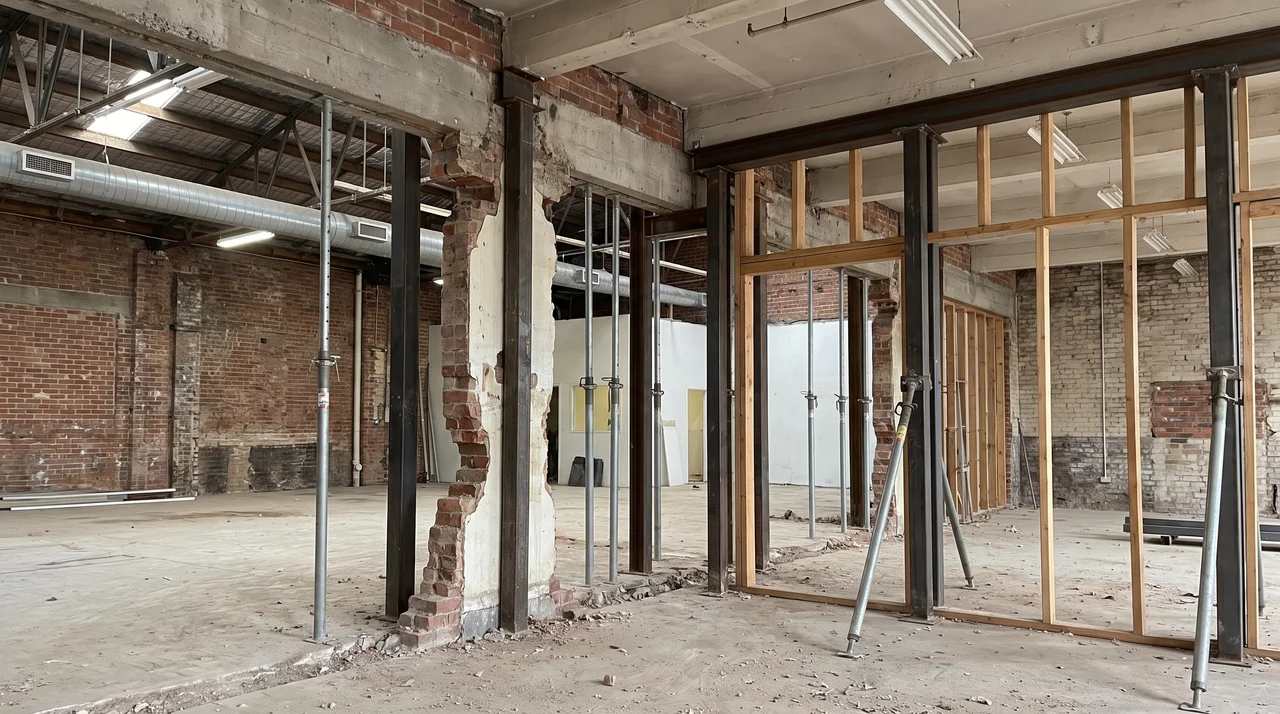 Structural wall removal with temporary bracing in a commercial building.File name-selective-partial-demolition