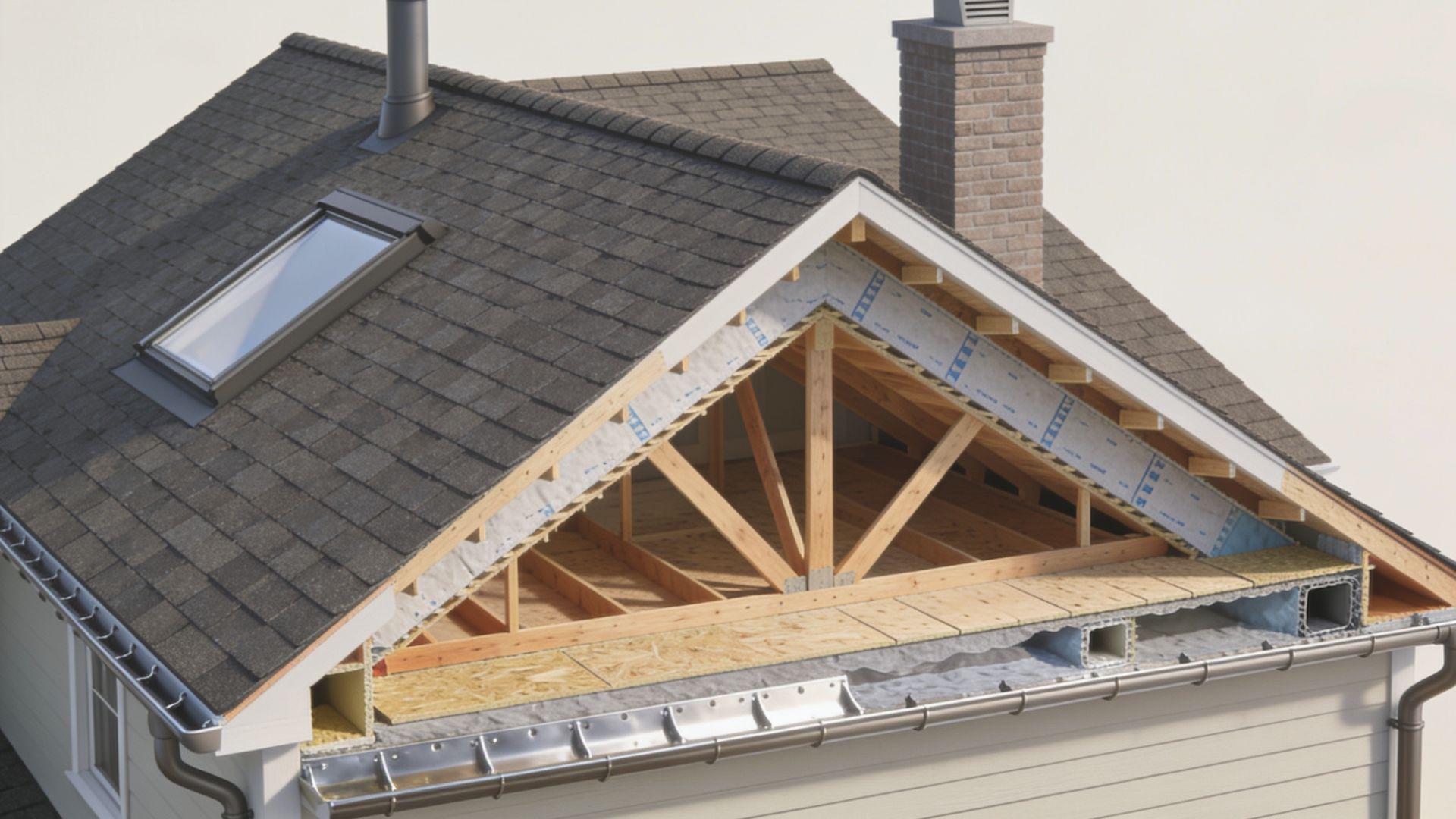 Residential roof cutaway showing structural framing, waterproofing layers, roof edges, flashing, and drainage components FileName-roof-parts-diagram-component-locations