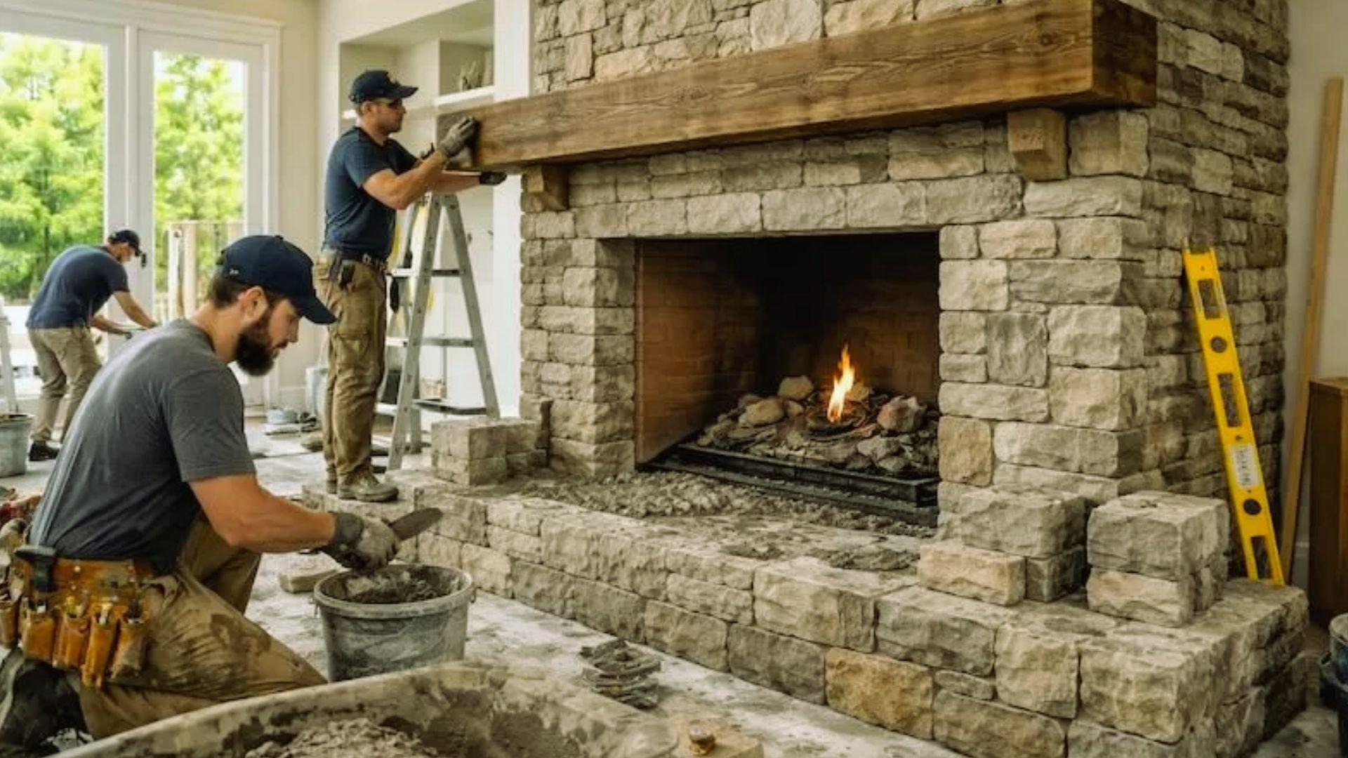 Construction workers building stone fireplace with wooden mantel and burning fire in luxury home interior