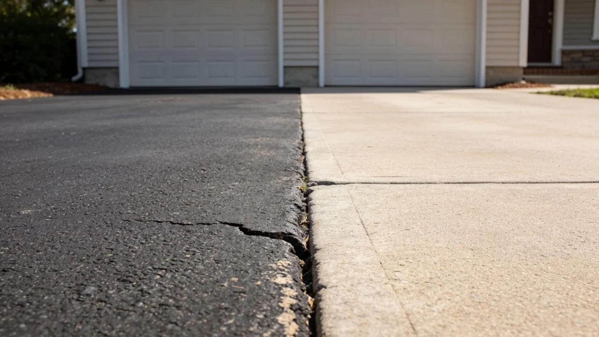 Asphalt driveway with a small crack beside a concrete driveway with a control joint.