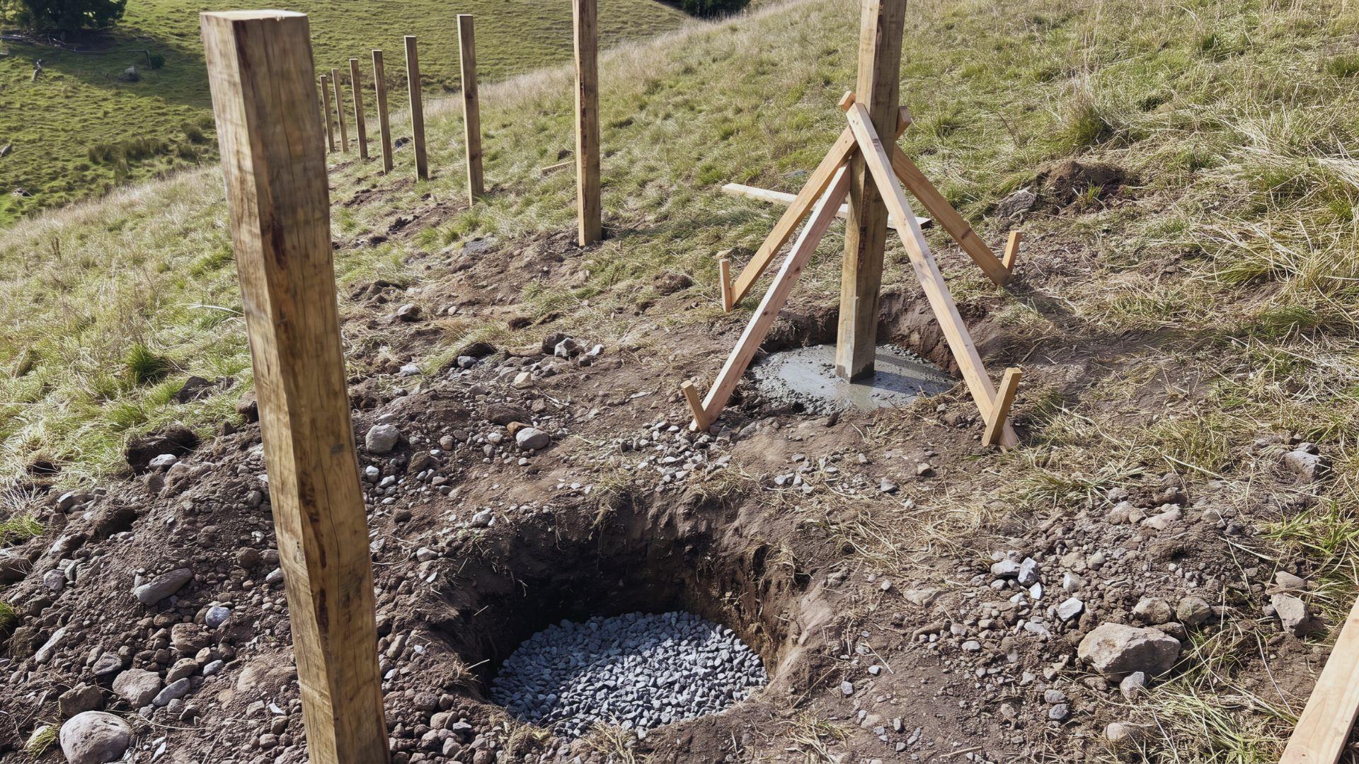 Vertical fence posts stand in holes along sloping ground, with gravel and concrete around their bases.