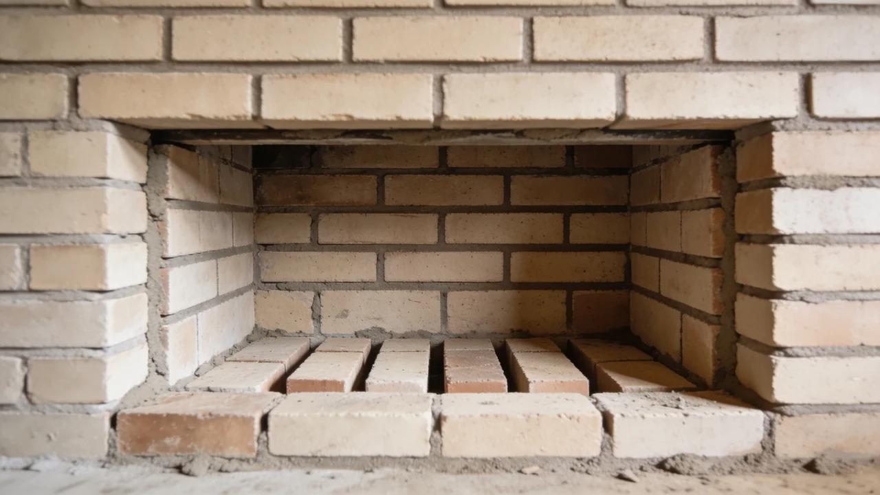 Firebrick firebox built in a running bond pattern with visible refractory mortar joints.