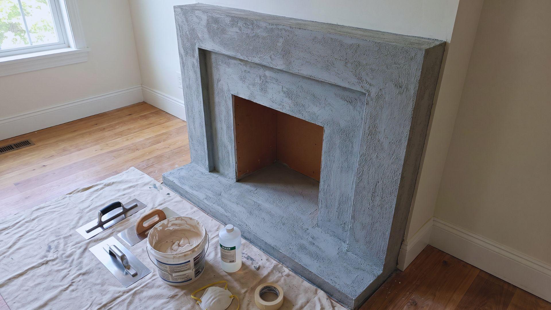 Prepared fireplace surround beside a primer container, plaster, stainless steel trowels, and sealer.