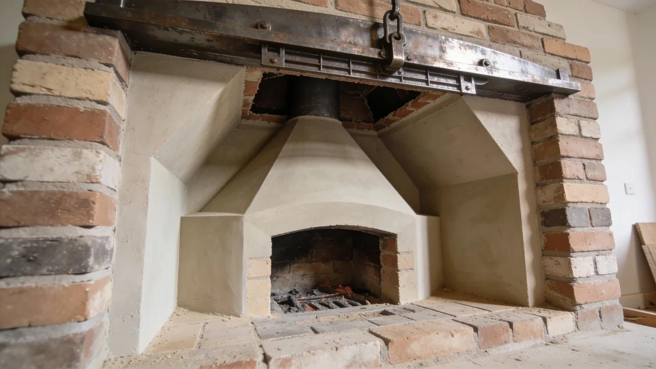 Tapered smoke chamber with an iron damper and smooth pargeting inside an indoor fireplace.
