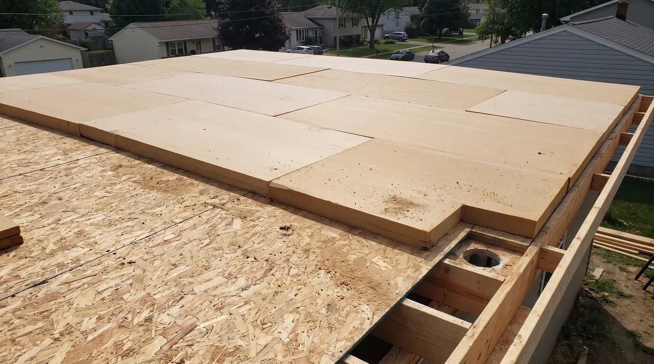 OSB roof deck with tapered insulation creating a drainage slope toward the outlet.