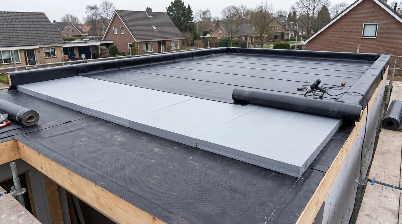 Rigid insulation boards and waterproof membrane installed across a residential flat roof.