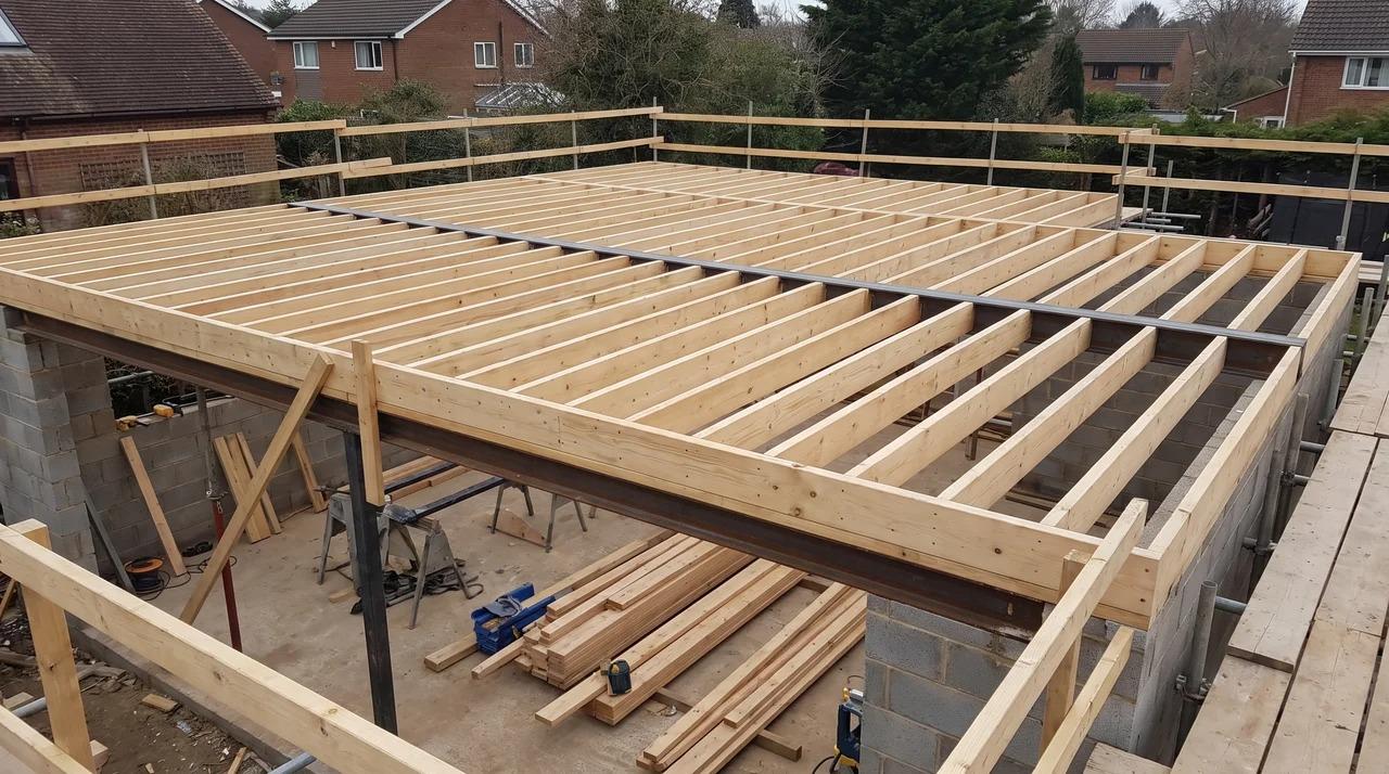 Level flat roof frame with timber joists installed before the roof deck.