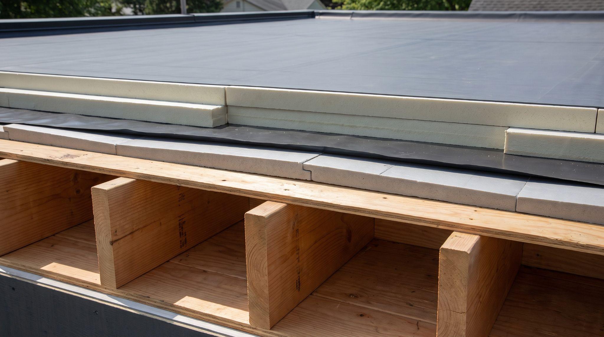 Flat roof assembly showing five construction layers above the structural deck.