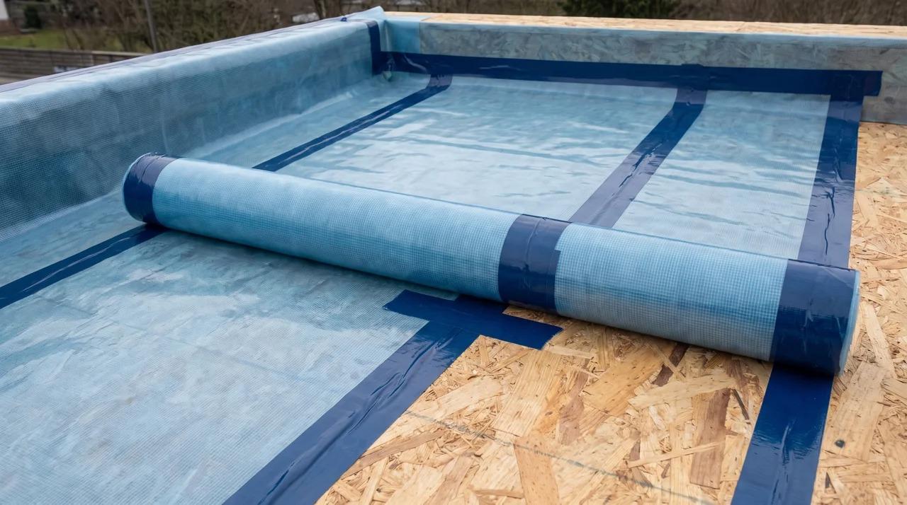Vapor control layer installed over a flat roof deck with sealed overlapping joints.