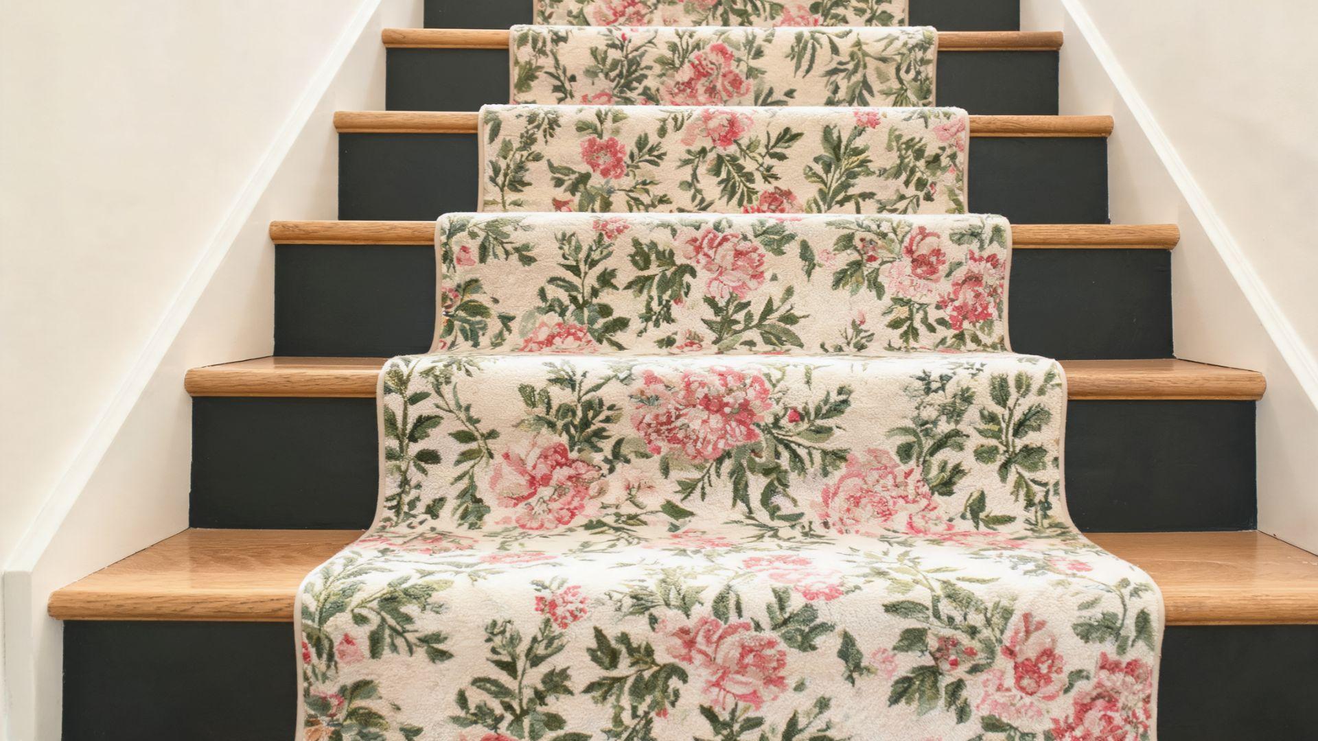 Floral botanical stair runner fitted along a staircase with dark risers