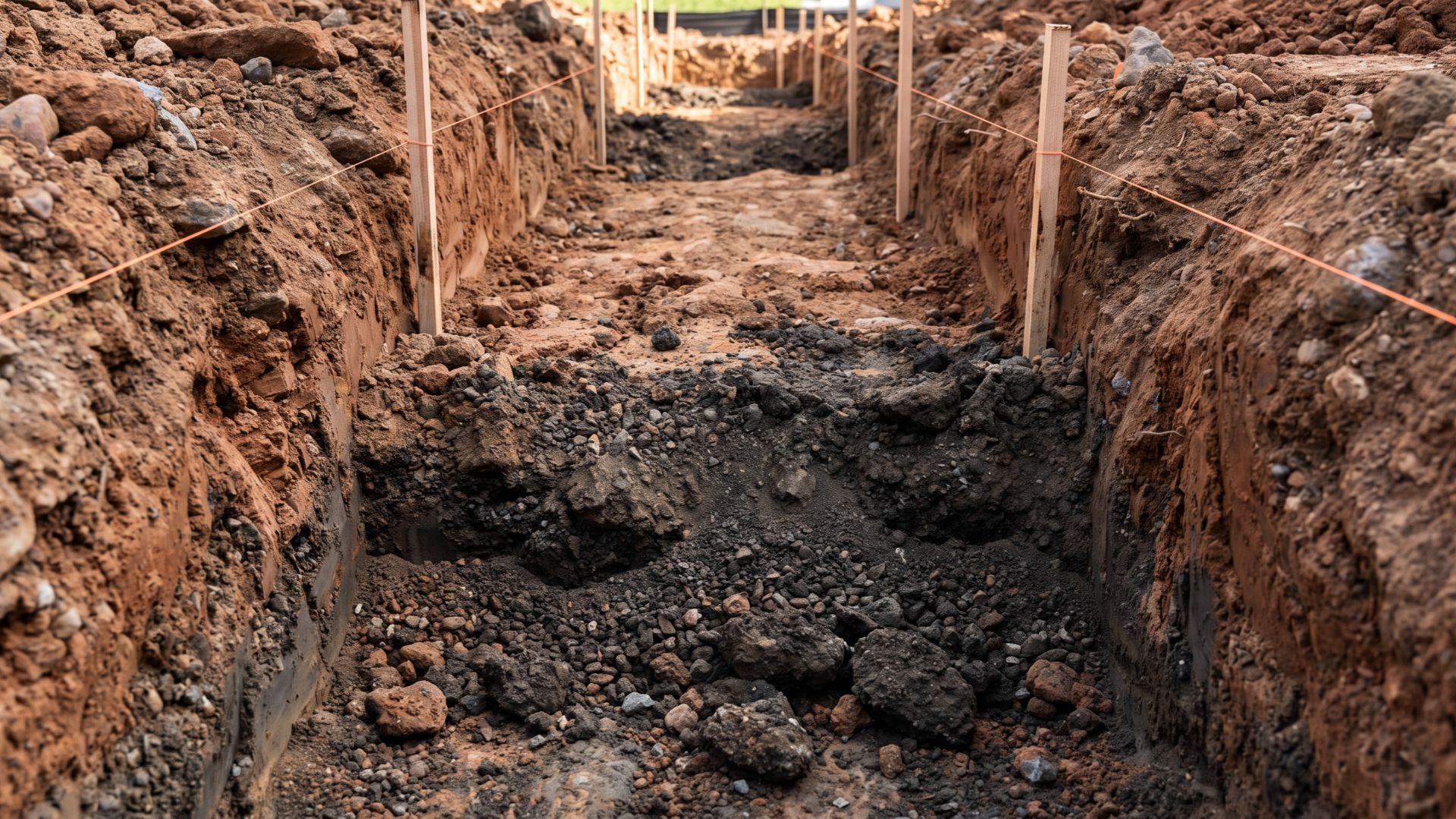 Footing trench with disturbed soil and an uneven base requiring further excavation.