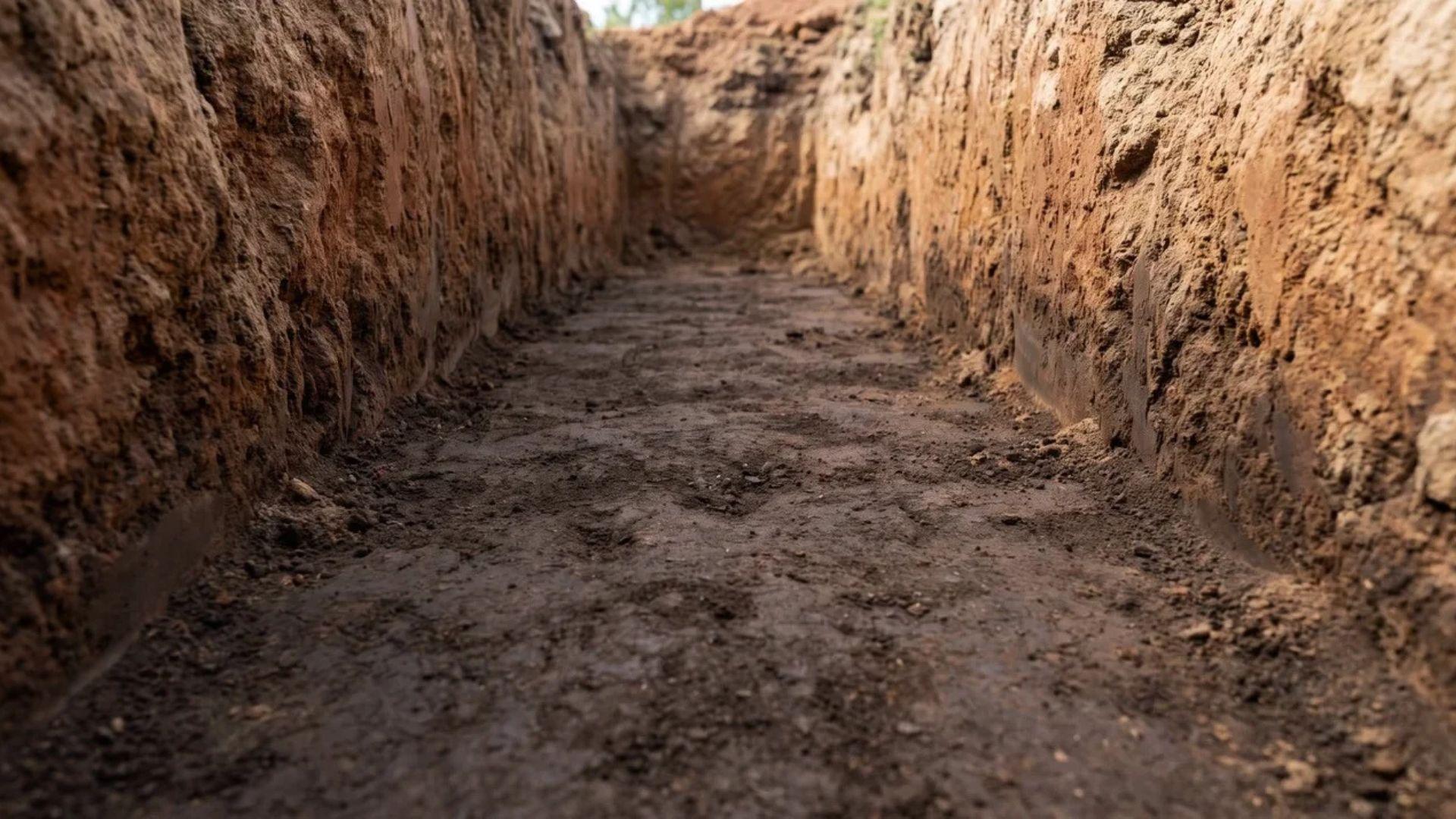 Footing trench with loose material removed to expose firm natural soil at the base.