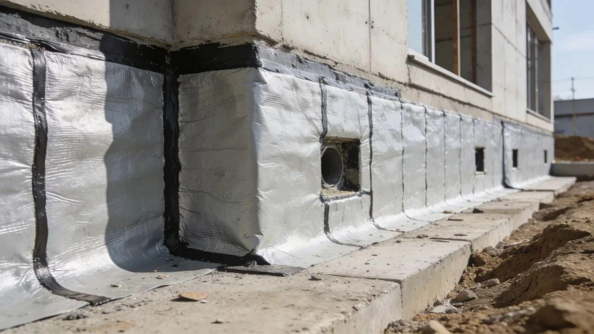 Exposed concrete foundation with waterproofing membrane covering the wall and foundation joints.